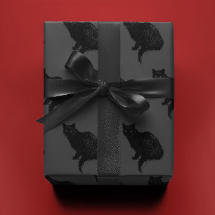 Schwarze Katze auf Grau   Geschenkpapier