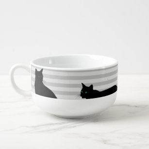 Schwarze Katze auf grauem Strip Küche Suppe Umarmu Große Suppentasse
