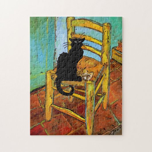 Schwarze Katze auf Holzstuhl Puzzle (Vertikal)