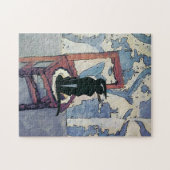 Schwarze Katze auf Holzstuhl Puzzle (Horizontal)