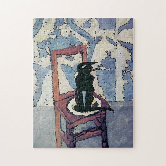 Schwarze Katze auf Holzstuhl Puzzle (Vertikal)