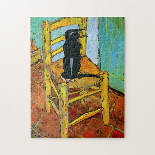 Schwarze Katze auf Holzstuhl Puzzle (Vertikal)