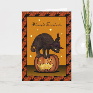 Schwarze Katze auf Jack-o-Laterne Samhain Grußkart Karte