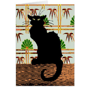 Schwarze Katze auf japanischem Wandpapier