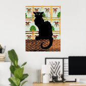 Schwarze Katze auf japanischem Wandpapier Poster (Heimbüro)