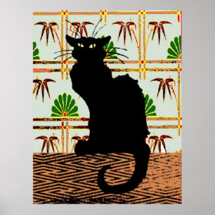 Schwarze Katze auf japanischem Wandpapier Poster