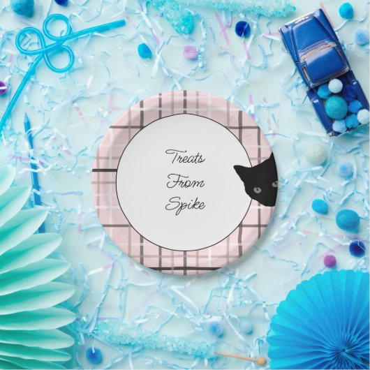 Schwarze Katze auf Kariert Pappteller (Party)