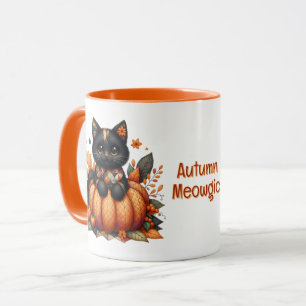Schwarze Katze auf Kürbis mit Herbst-Quilt-Muster Tasse