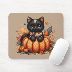 Schwarze Katze auf Kürbis mit Herbst-Quiltmuster Mousepad