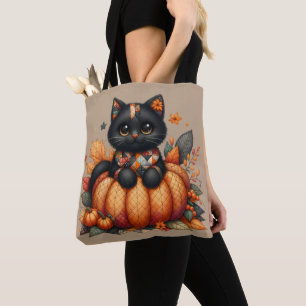 Schwarze Katze auf Kürbis mit Herbst-Quiltmuster Tasche