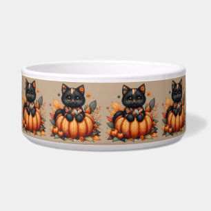 Schwarze Katze auf Kürbis mit Herbstquiltmuster Napf