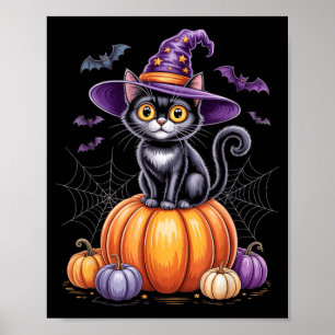 Schwarze Katze auf Kürbis mit Hexenhut Halloween Poster