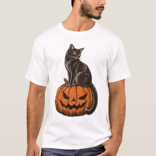 Schwarze Katze auf Kürbis – Retro Halloween T-Shirt