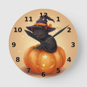 Schwarze Katze auf KürbisHalloween-Wall-Uhr Runde Wanduhr