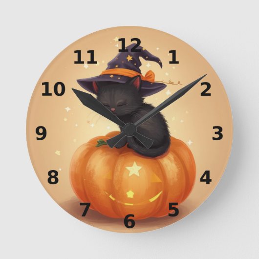 Schwarze Katze auf KürbisHalloween-Wall-Uhr Runde Wanduhr (Vorderseite)