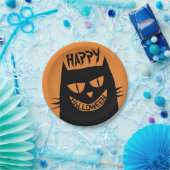 Schwarze Katze auf Orange Pappteller (Party)