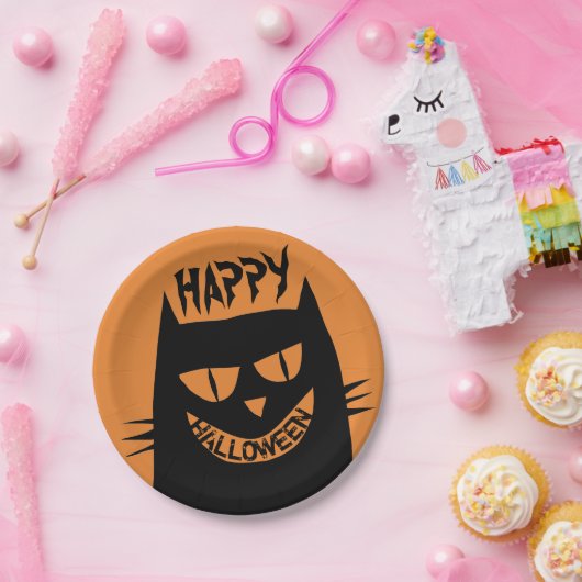 Schwarze Katze auf Orange Pappteller (Party)