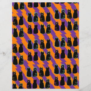 Schwarze Katze auf orange und violett gestreiften