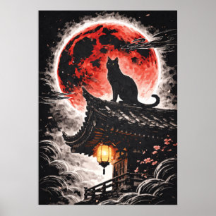 Schwarze Katze auf Pagodendach, roter Mond - Japan Poster