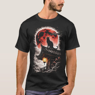 Schwarze Katze auf Pagodendach, roter Mond - Japan T-Shirt