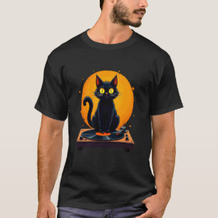 Schwarze Katze auf Plattenspieler Retro Halloween T-Shirt