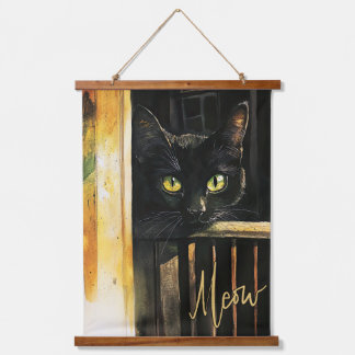 Schwarze Katze auf Porch Wood Topped Tapesta Wand Wandteppich Mit Holzrahmen
