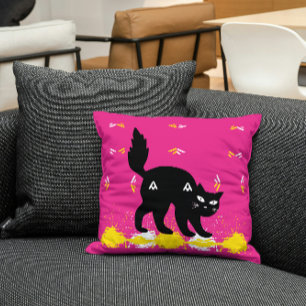 Schwarze Katze auf rosa gelb Niedlich Kissen