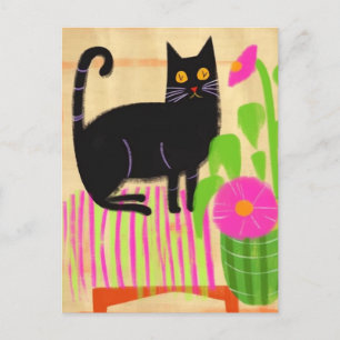 Schwarze Katze auf rosa gestreiftem Sitz mit Blume Postkarte