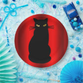 Schwarze Katze auf Rot Pappteller (Party)