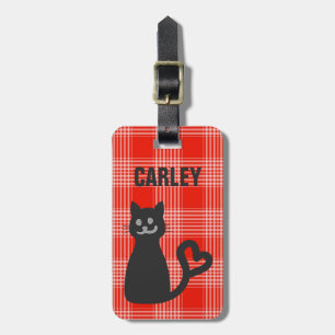 Schwarze Katze auf rotem Karo personalisiert Gepäckanhänger