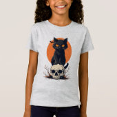Schwarze Katze auf Skull Halloween T-Shirt (Vorderseite)