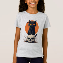 Schwarze Katze auf Skull Halloween T-Shirt