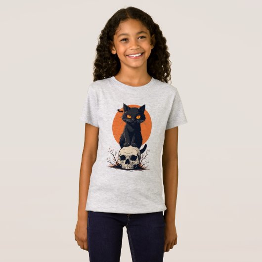 Schwarze Katze auf Skull Halloween T-Shirt (Vorne ganz)