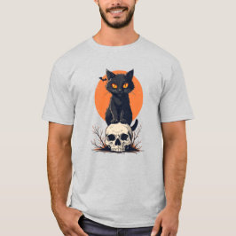 Schwarze Katze auf Skull Halloween T-Shirt