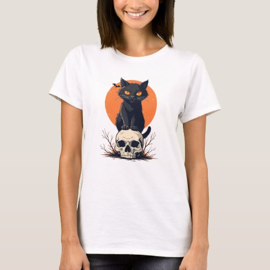 Schwarze Katze auf Skull Halloween T-Shirt (Vorderseite)