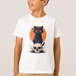 Schwarze Katze auf Skull Halloween T-Shirt