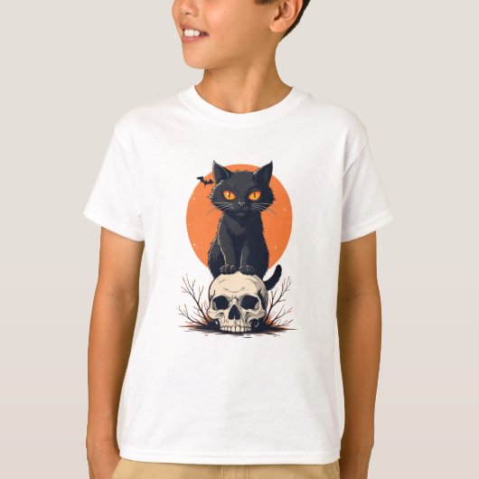 Schwarze Katze auf Skull Halloween T-Shirt (Vorderseite)