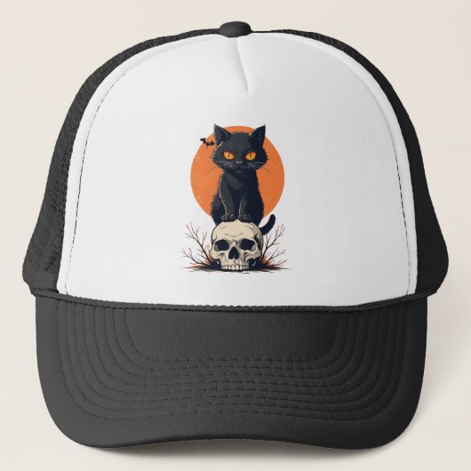 Schwarze Katze auf Skull Halloween Truckerkappe (Vorderseite)