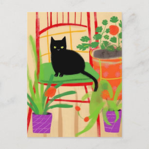 Schwarze Katze auf Stuhl Vintage-Blumenmalerei Postkarte