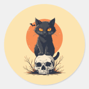 Schwarze Katze auf Totenkopf Halloween Runder Aufkleber