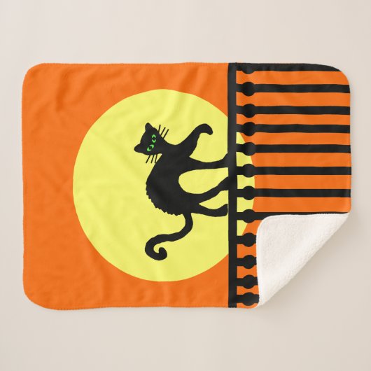 Schwarze Katze auf Verziertem Zaun Vollmond Lebend Sherpadecke (Vorderseite (Horizontal))