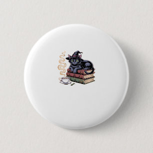 Schwarze Katze auf Zauberbuch-Klassik-T-Shirt Button