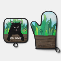 Schwarze Katze auf Zaun Oven Mitt & Pot Holder Set