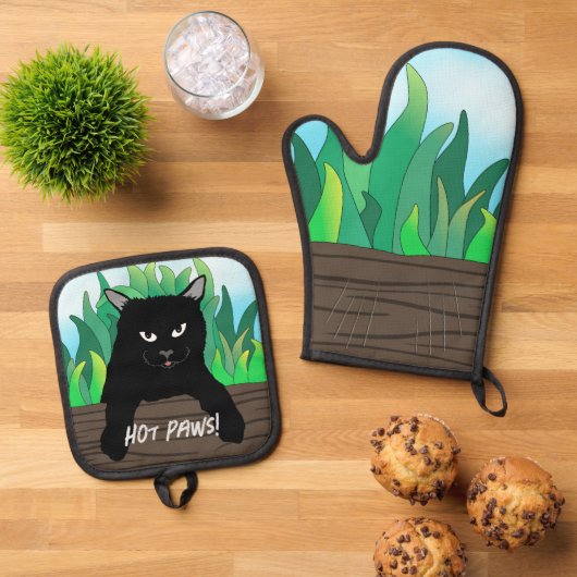 Schwarze Katze auf Zaun Oven Mitt & Pot Holder Set (Oben Unten)
