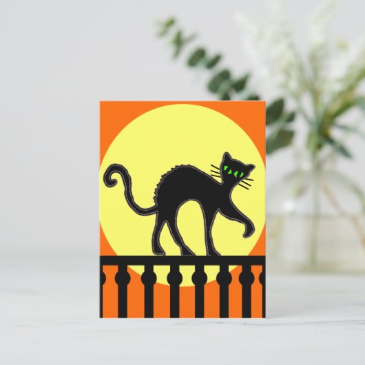 Schwarze Katze auf Zaun-Postkarte Postkarte (Stehend Vorderseite)