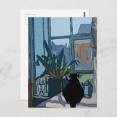 Schwarze Katze aus dem Fenster schauend, Postkarte (Vorne/Hinten)