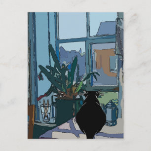 Schwarze Katze aus dem Fenster schauend, Postkarte