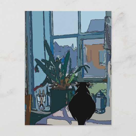 Schwarze Katze aus dem Fenster schauend, Postkarte (Vorderseite)