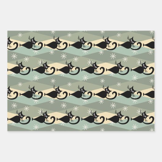 Schwarze Katze aus der Mitte des Jahrhunderts Geschenkpapier Set (Vorderseite)