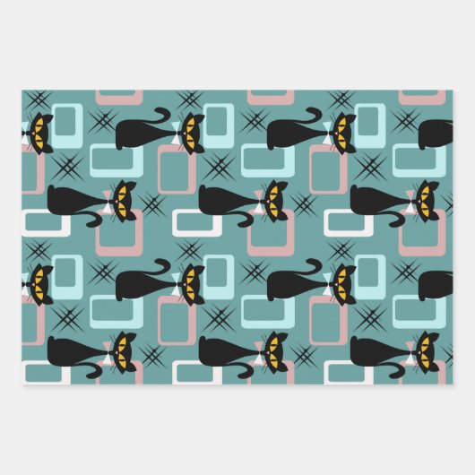 Schwarze Katze aus der Mitte des Jahrhunderts Geschenkpapier Set (Vorderseite)